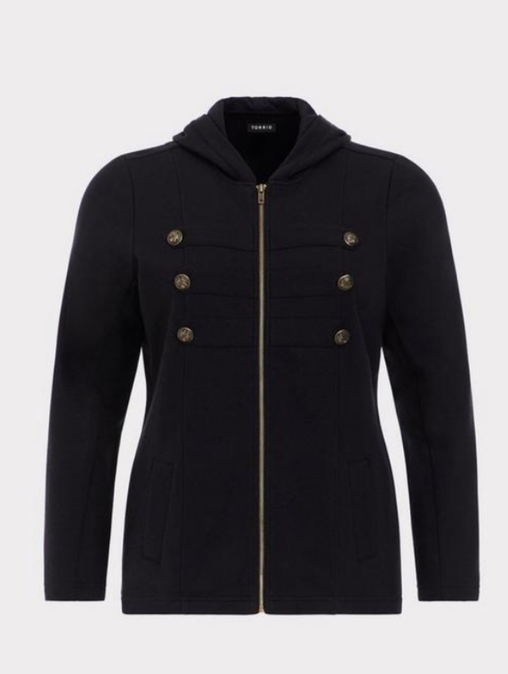 Torrid Women’s Black Military Jacket Size 2 (2X) Hooded Zip Front Button Detail